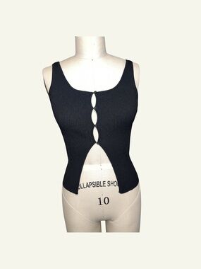 Black Ribbed Tank with Front Keyhole Accents